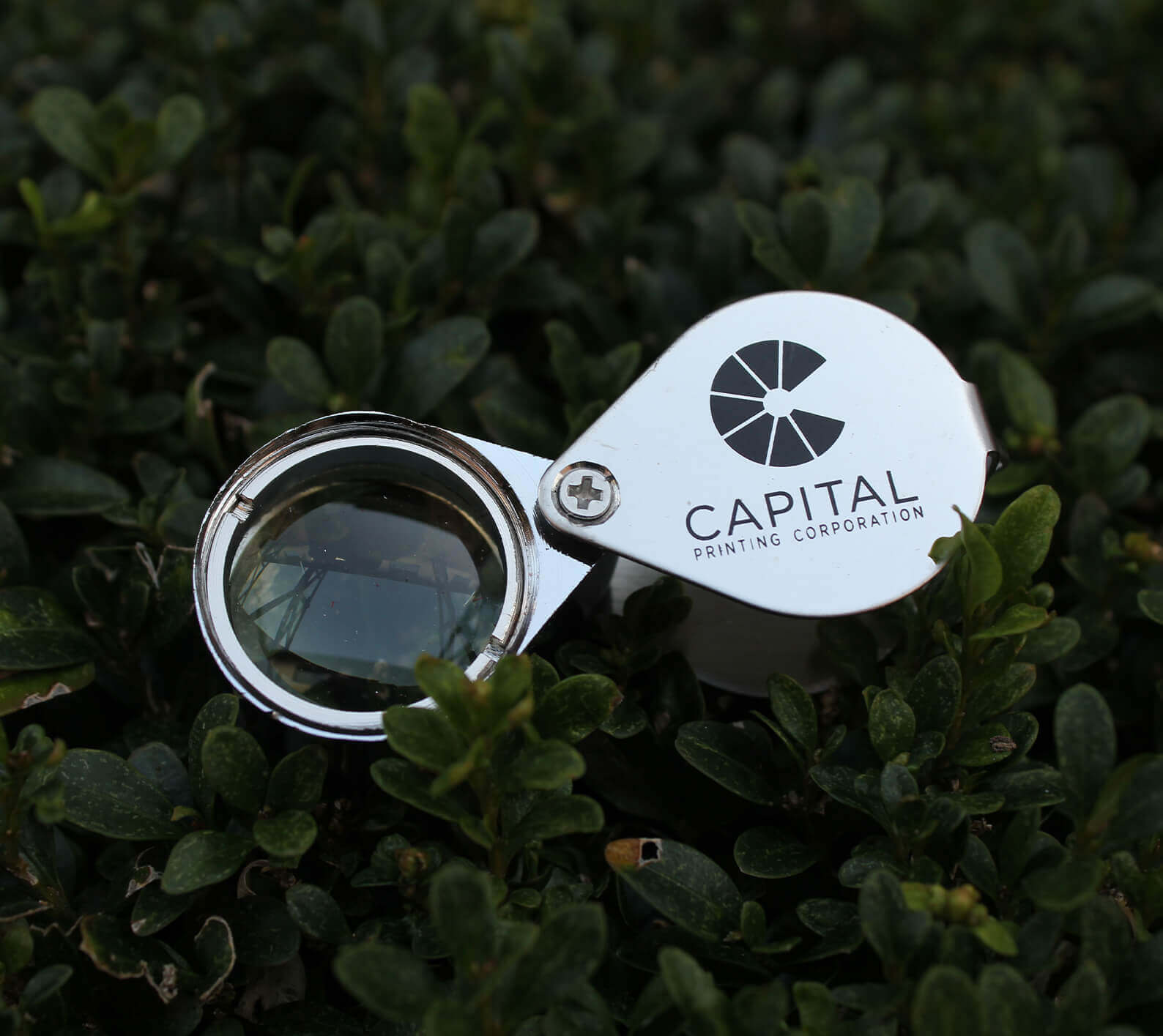 Capital Printing branded compass detail from promotional direct mail package