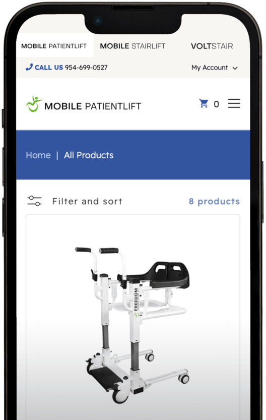 Mobile view of the Mobile PatientLift Shopify store, optimized for caregivers on any device
